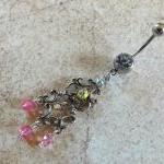 Tribal Belly Ring With White Rhinestones And Pink..