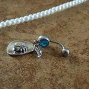 Cowboy Hat Belly Ring with Feather Accent and Blue Rhineshone