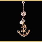 Anchor Belly Ring with White Rhinestone and Pearl Accent