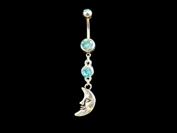 Moon Belly Ring With Blue Rhinestone Body Jewelry