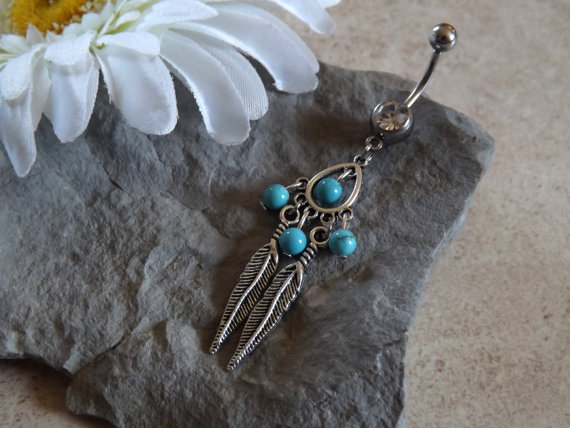 Dream Catcher Belly Ring With White Rhinestones And Turquoise Beads Body Jewelry