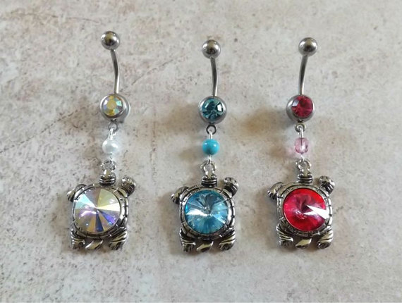 Turtle Belly Ring With Gem Center And Matching Bead Body Jewelry