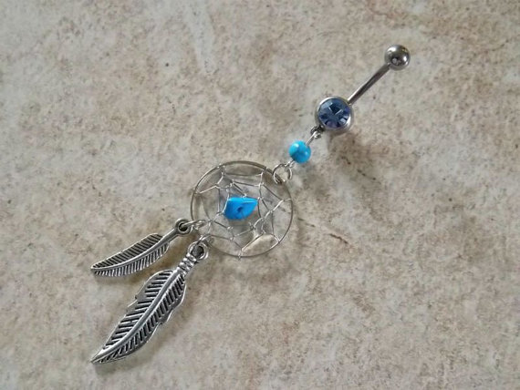 Dream Catcher Belly Ring With Turquoise Bead And Feathers