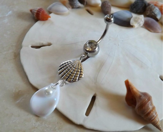 Sea Shell Belly Button Ring With Shell And Pearls Navel Jewelry on Luulla